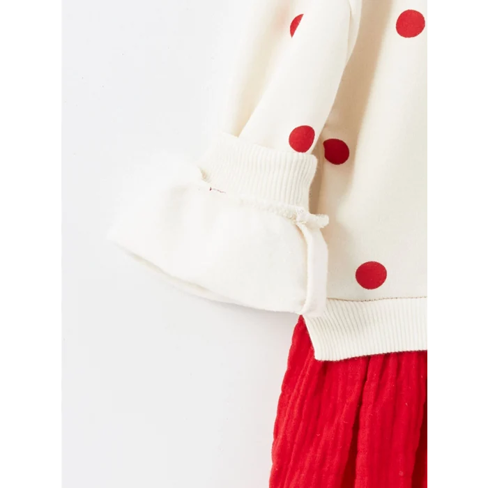 LCW Kids Ekru Bebe Yaka Uzun Kollu Puantiyeli Kız Çocuk Elbise