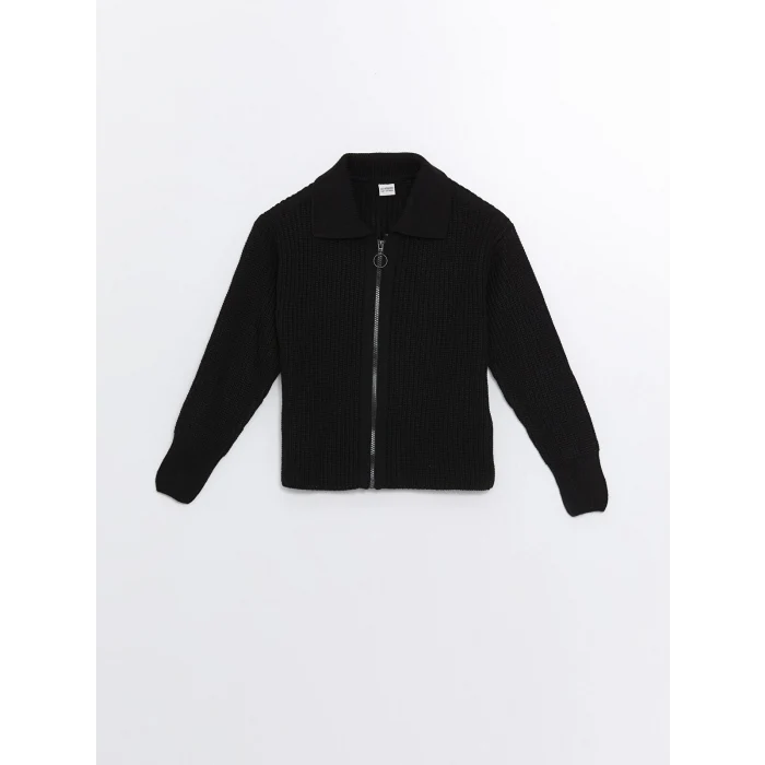 LCW Kids Siyah Polo Yaka Kız Çocuk Triko Hırka