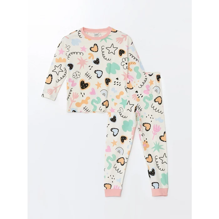 LCW Kids Ekru Bisiklet Yaka Baskılı Uzun Kollu Kız Çocuk Pijama Takımı