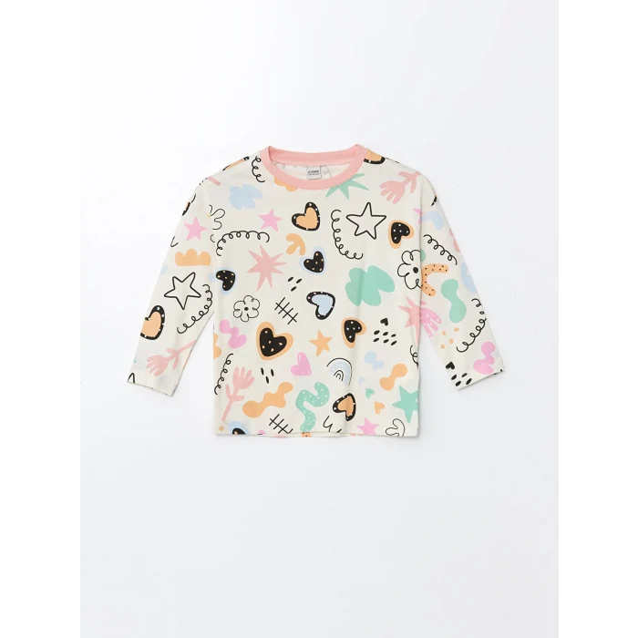 LCW Kids Ekru Bisiklet Yaka Baskılı Uzun Kollu Kız Çocuk Pijama Takımı