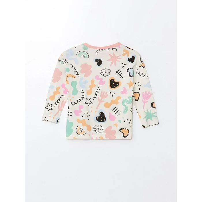 LCW Kids Ekru Bisiklet Yaka Baskılı Uzun Kollu Kız Çocuk Pijama Takımı