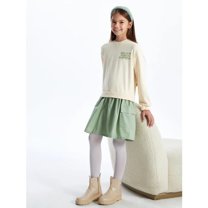 LCW Kids Bej Bisiklet Yaka Baskılı Kız Çocuk Elbise