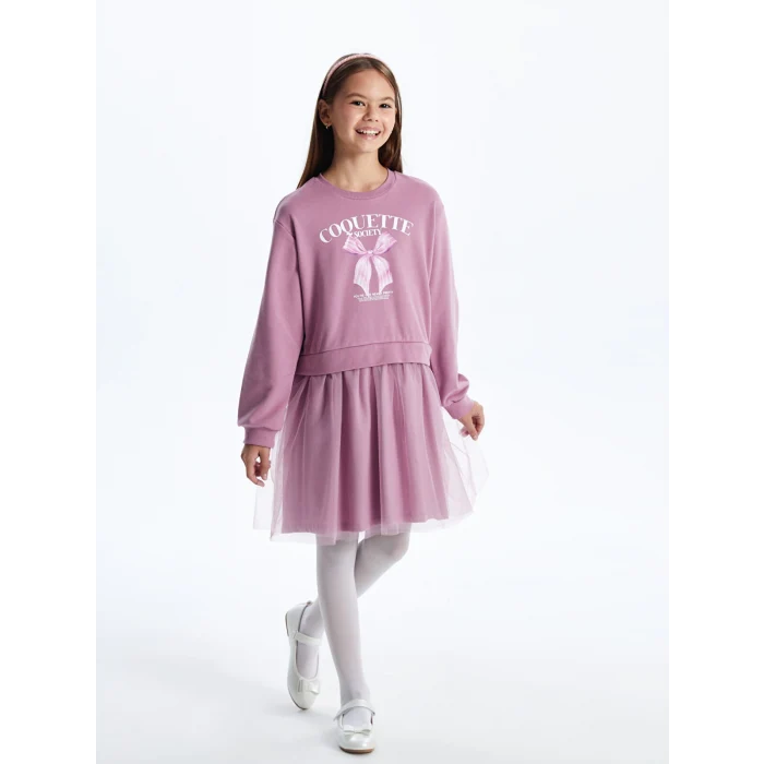 LCW Kids Lila Bisiklet Yaka Baskılı Kız Çocuk Elbise
