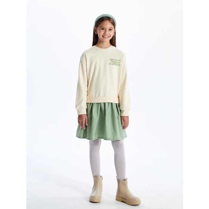 LCW Kids Bej Bisiklet Yaka Baskılı Kız Çocuk Elbise