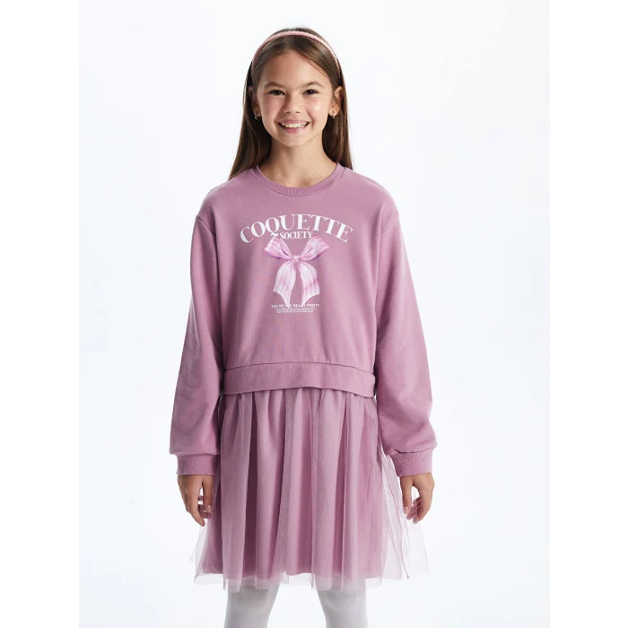 LCW Kids Lila Bisiklet Yaka Baskılı Kız Çocuk Elbise