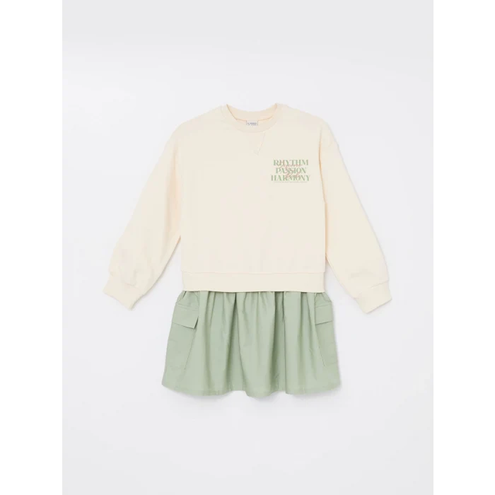 LCW Kids Bej Bisiklet Yaka Baskılı Kız Çocuk Elbise