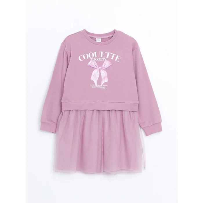 LCW Kids Lila Bisiklet Yaka Baskılı Kız Çocuk Elbise