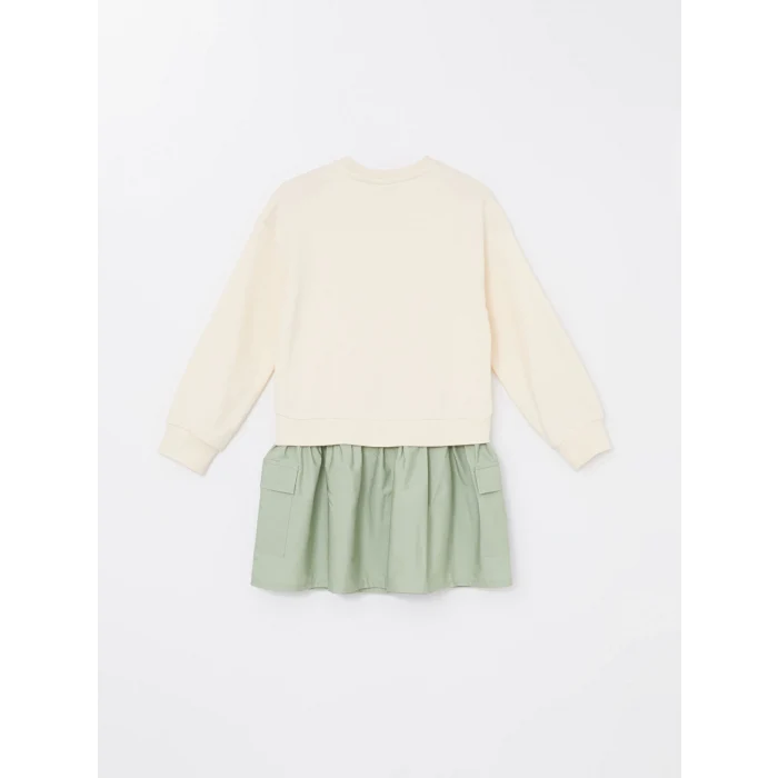 LCW Kids Bej Bisiklet Yaka Baskılı Kız Çocuk Elbise