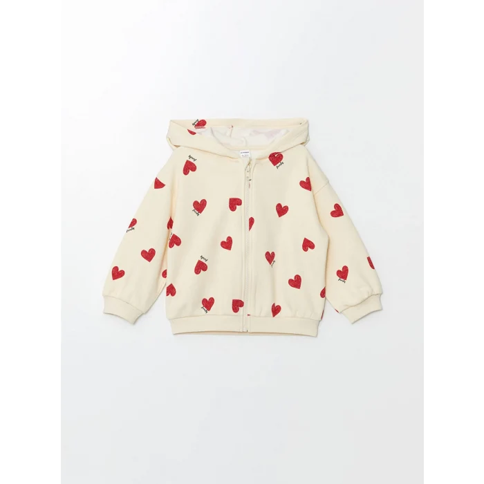 LCW Kids Ekru Kapüşonlu Uzun Kollu Kız Bebek Fermuarlı Sweatshirt