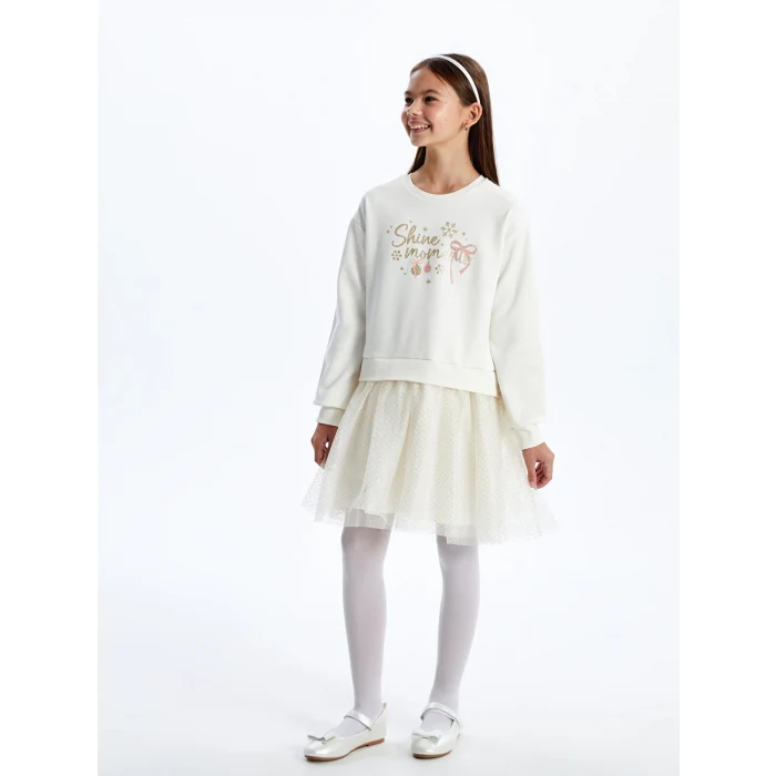 LCW Kids Ekru Bisiklet Yaka Kız Çocuk Elbise