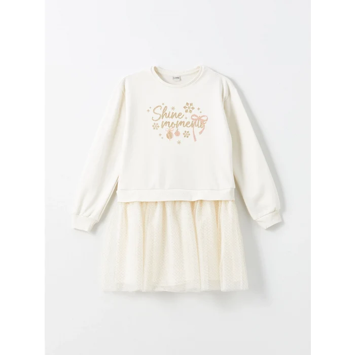 LCW Kids Ekru Bisiklet Yaka Kız Çocuk Elbise