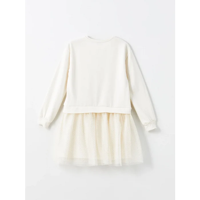 LCW Kids Ekru Bisiklet Yaka Kız Çocuk Elbise