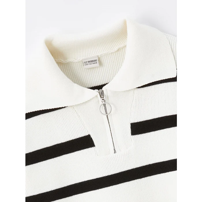 LCW Kids Ekru Çizgili Kız Çocuk Triko Kazak