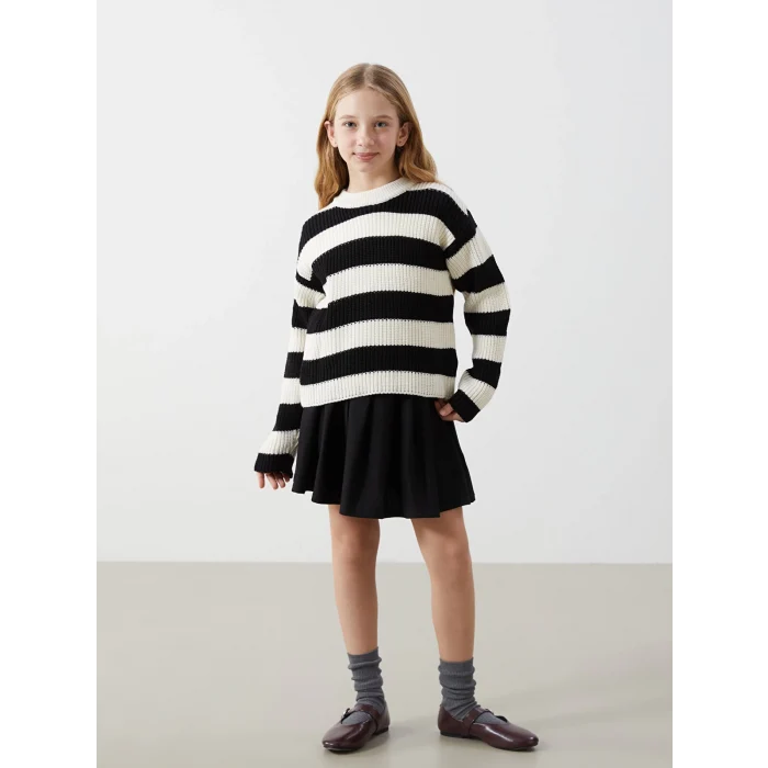 LCW Kids Siyah Bisiklet Yaka Çizgili Uzun Kollu Kız Çocuk Triko Kazak