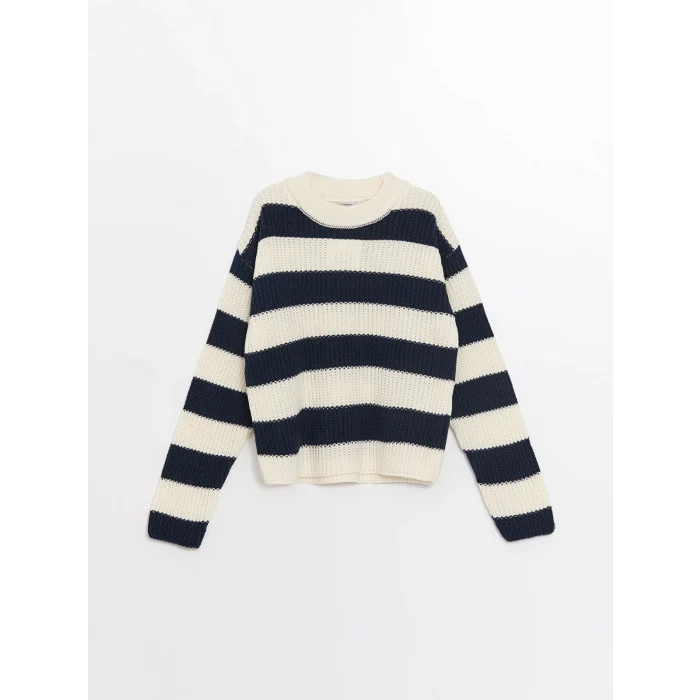 LCW Kids Siyah Bisiklet Yaka Çizgili Uzun Kollu Kız Çocuk Triko Kazak