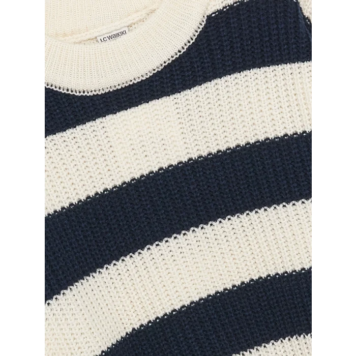 LCW Kids Siyah Bisiklet Yaka Çizgili Uzun Kollu Kız Çocuk Triko Kazak