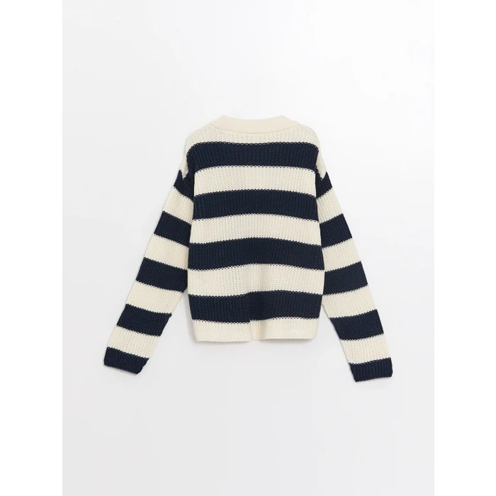 LCW Kids Siyah Bisiklet Yaka Çizgili Uzun Kollu Kız Çocuk Triko Kazak