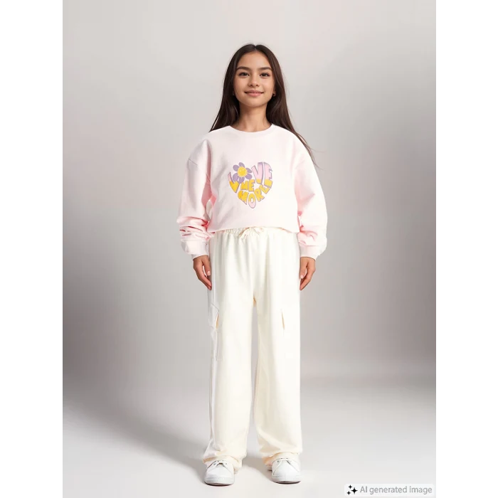 LCW Kids Ekru Beli Lastikli Kız Çocuk Kalın Jogger Eşofman Altı