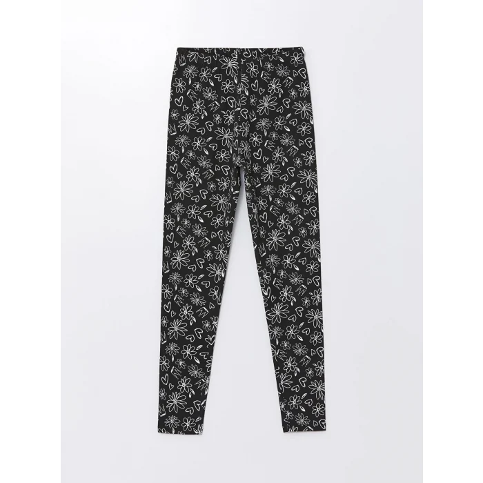 LCW Kids Siyah Beli Lastikli Çiçekli Kız Çocuk Tayt