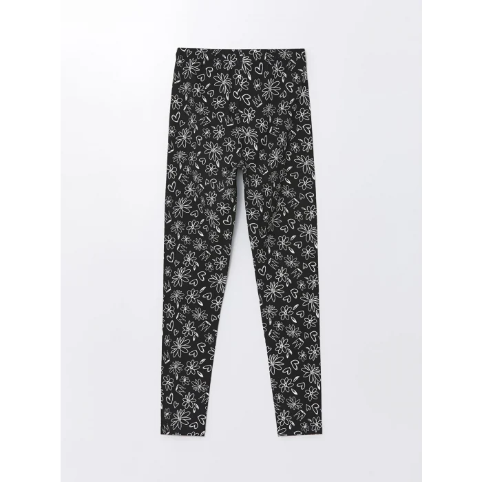 LCW Kids Siyah Beli Lastikli Çiçekli Kız Çocuk Tayt