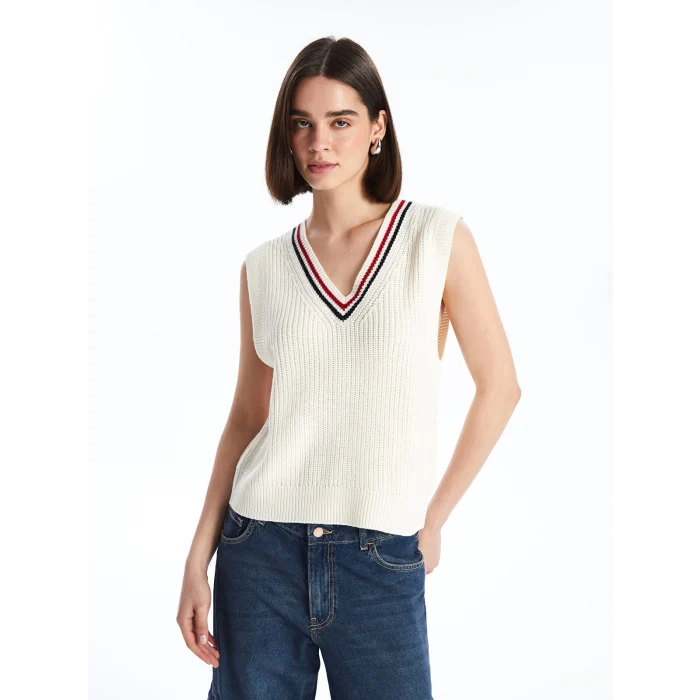 XSIDE Bej Kadın V Yaka Düz Triko Süveter