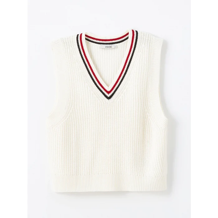 XSIDE Bej Kadın V Yaka Düz Triko Süveter