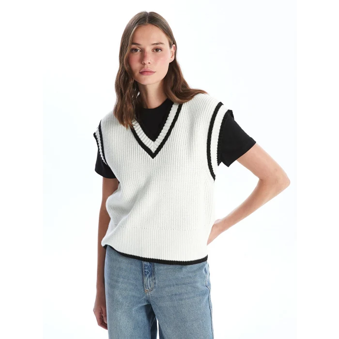 LCW Vision Ekru Kadın V Yaka Düz Triko Süveter