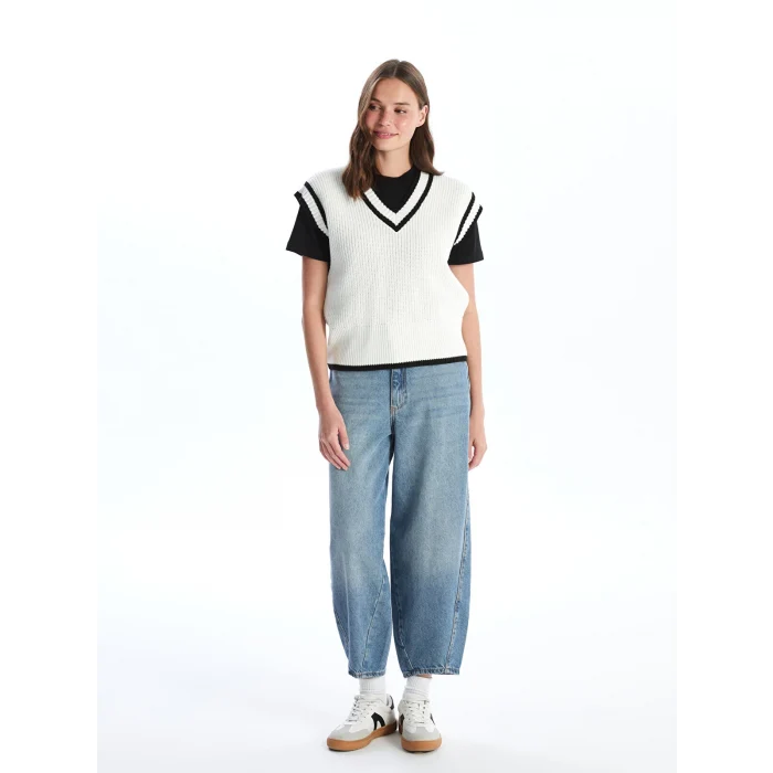 LCW Vision Ekru Kadın V Yaka Düz Triko Süveter
