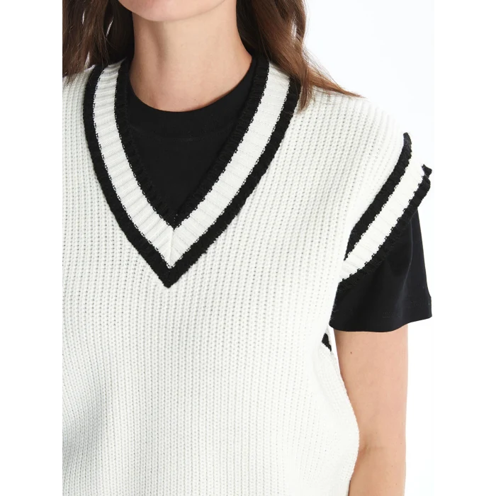 LCW Vision Ekru Kadın V Yaka Düz Triko Süveter