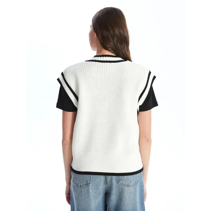 LCW Vision Ekru Kadın V Yaka Düz Triko Süveter