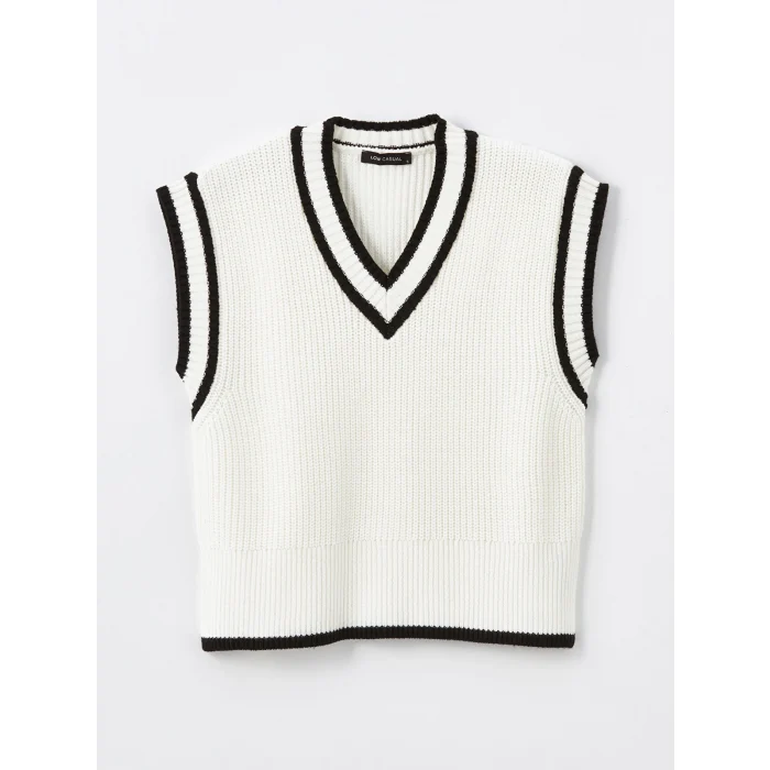 LCW Vision Ekru Kadın V Yaka Düz Triko Süveter