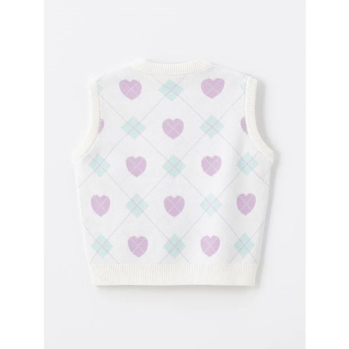 LCW Kids Ekru V Yaka Desenli Kız Çocuk Triko Süveter