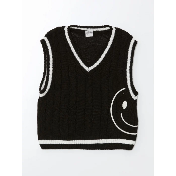 LCW Kids Siyah V Yaka Kız Çocuk Triko Süveter