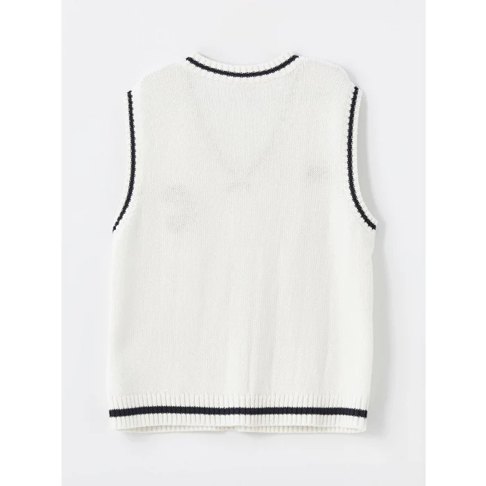 LCW Kids Ekru V Yaka Kız Çocuk Triko Süveter