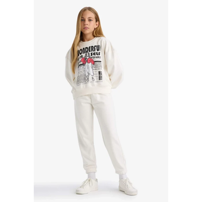 Defacto E6416A8ER105 Ekru Kız Çocuk 2li Takım Baskılı Sweatshirt Eşofman Altı