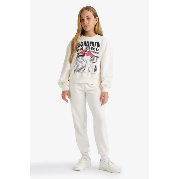 Defacto E6416A8ER105 Ekru Kız Çocuk 2li Takım Baskılı Sweatshirt Eşofman Altı