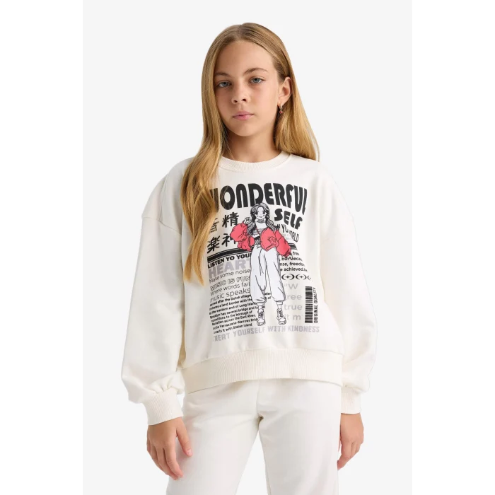 Defacto E6416A8ER105 Ekru Kız Çocuk 2li Takım Baskılı Sweatshirt Eşofman Altı