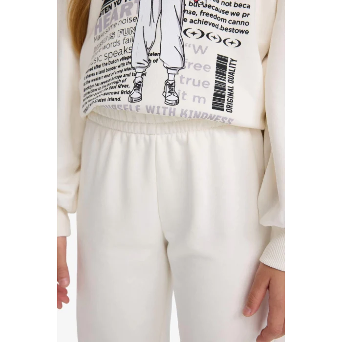 Defacto E6416A8ER105 Ekru Kız Çocuk 2li Takım Baskılı Sweatshirt Eşofman Altı