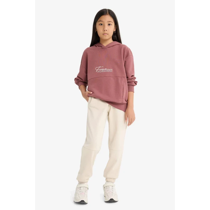 Defacto F2794A8BR343 Bordo Kız Çocuk Oversize Geniş Kalıp Kapüşonlu Sırt Baskılı Sweatshirt