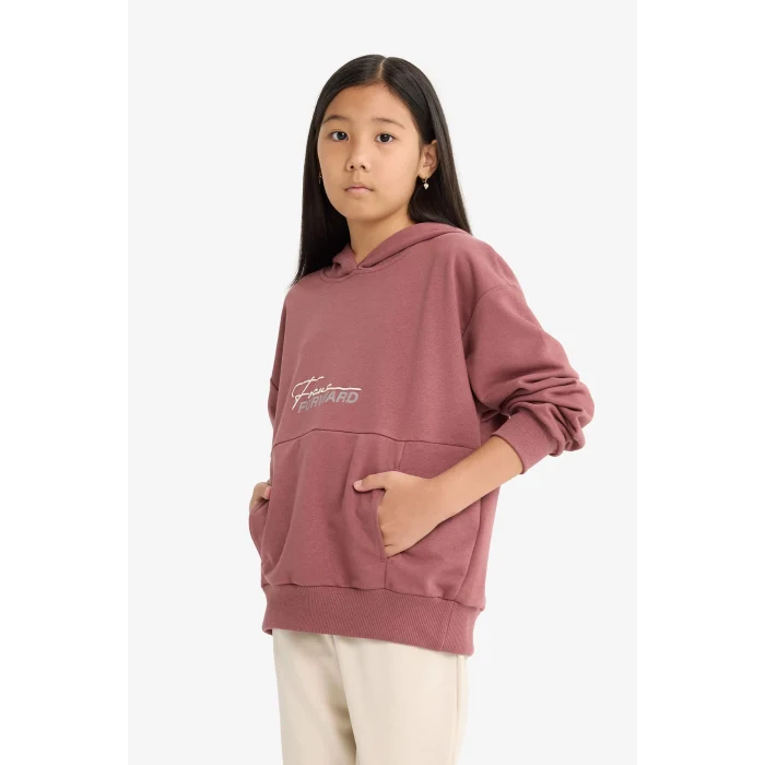 Defacto F2794A8BR343 Bordo Kız Çocuk Oversize Geniş Kalıp Kapüşonlu Sırt Baskılı Sweatshirt
