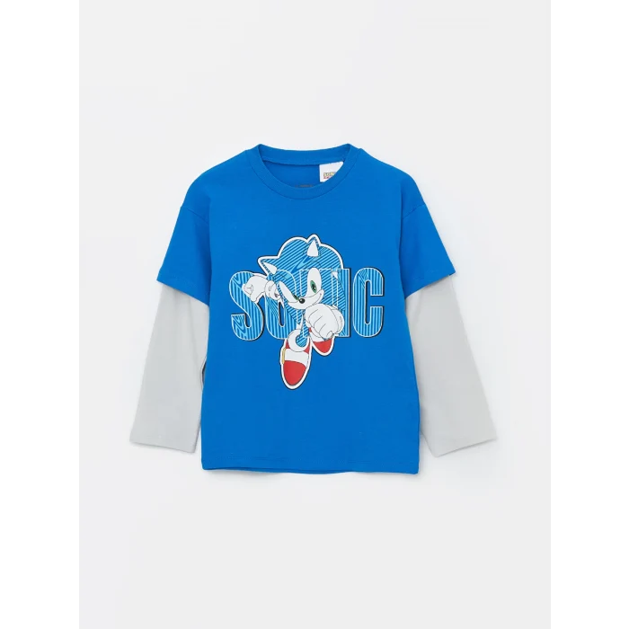 LCW Kids Mavi Bisiklet Yaka Sonic Baskılı Erkek Çocuk Tişört