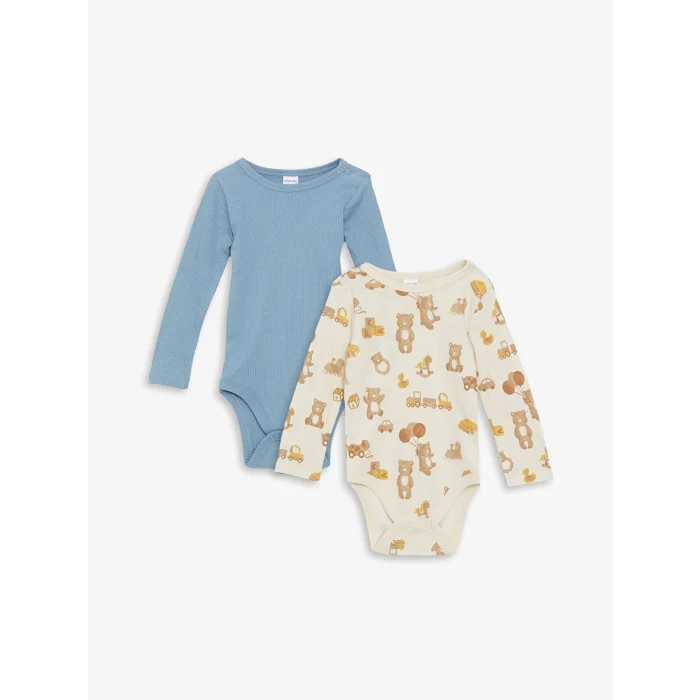 LCW baby Ekru Bisiklet Yaka Baskılı Erkek Bebek Çıtçıtlı Bodysuit 2li