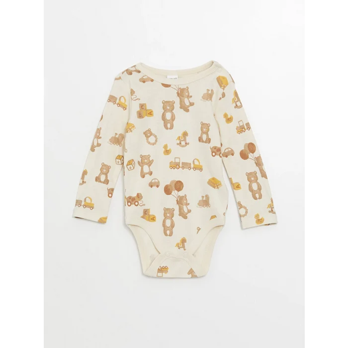 LCW baby Ekru Bisiklet Yaka Baskılı Erkek Bebek Çıtçıtlı Bodysuit 2li