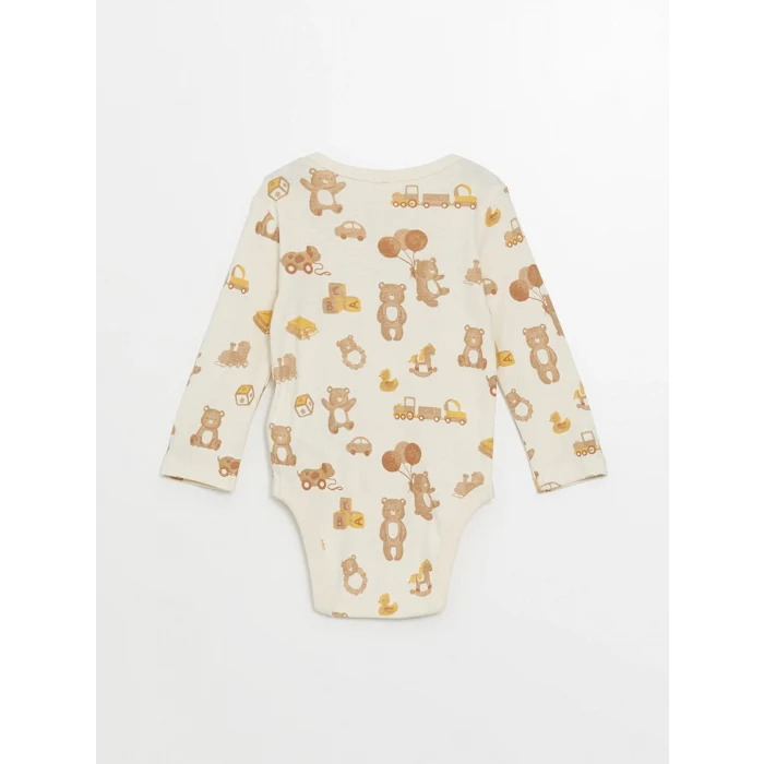 LCW baby Ekru Bisiklet Yaka Baskılı Erkek Bebek Çıtçıtlı Bodysuit 2li
