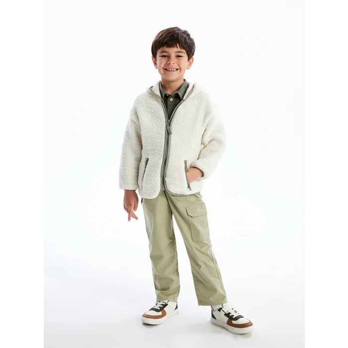 LCW Kids Bej Kapüşonlu Pelüş Erkek Çocuk Fermuarlı Sweatshirt