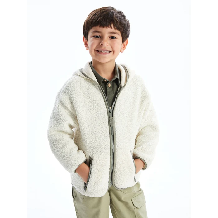 LCW Kids Bej Kapüşonlu Pelüş Erkek Çocuk Fermuarlı Sweatshirt