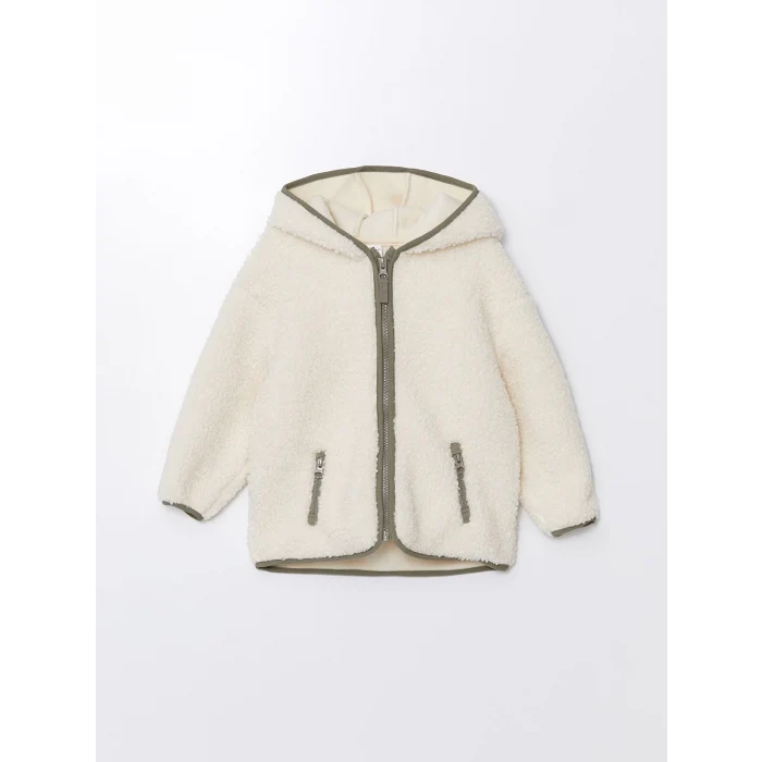 LCW Kids Bej Kapüşonlu Pelüş Erkek Çocuk Fermuarlı Sweatshirt
