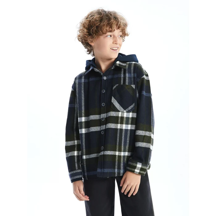 LCW Kids Lacivert Kapüşonlu Ekose Erkek Çocuk Gömlek Ceket