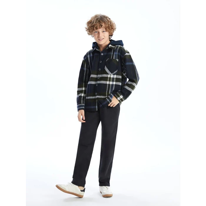 LCW Kids Lacivert Kapüşonlu Ekose Erkek Çocuk Gömlek Ceket