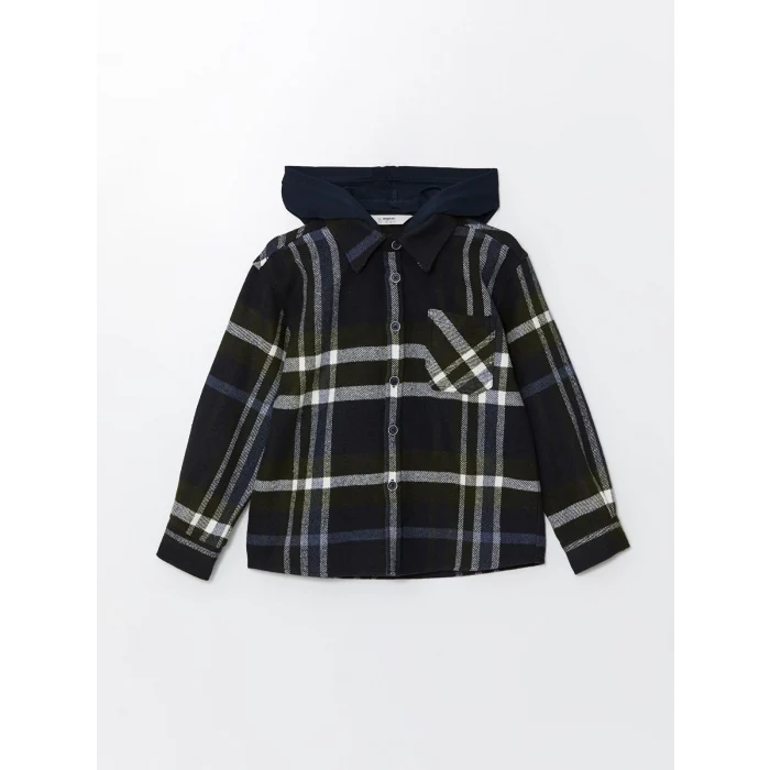 LCW Kids Lacivert Kapüşonlu Ekose Erkek Çocuk Gömlek Ceket